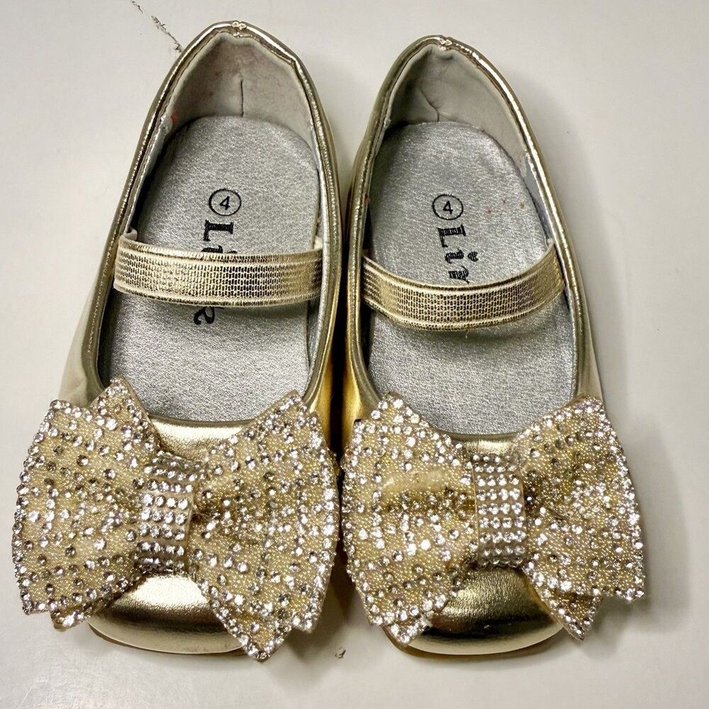 Gold Sparkle Mary Jane Bow Ballet Flats  Flower Girl Dress Wedding Party Sz 4